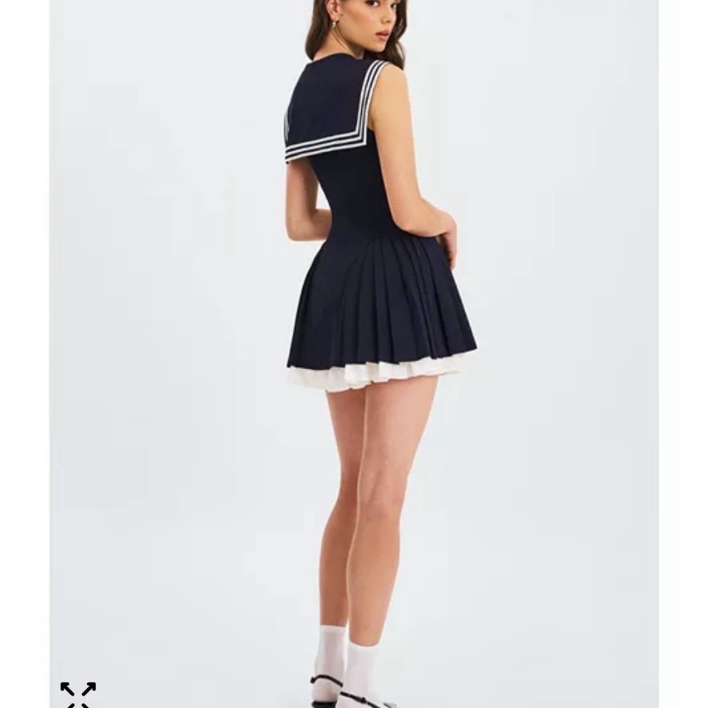 Navy Sailor Pleated Mini Dress with White Trim